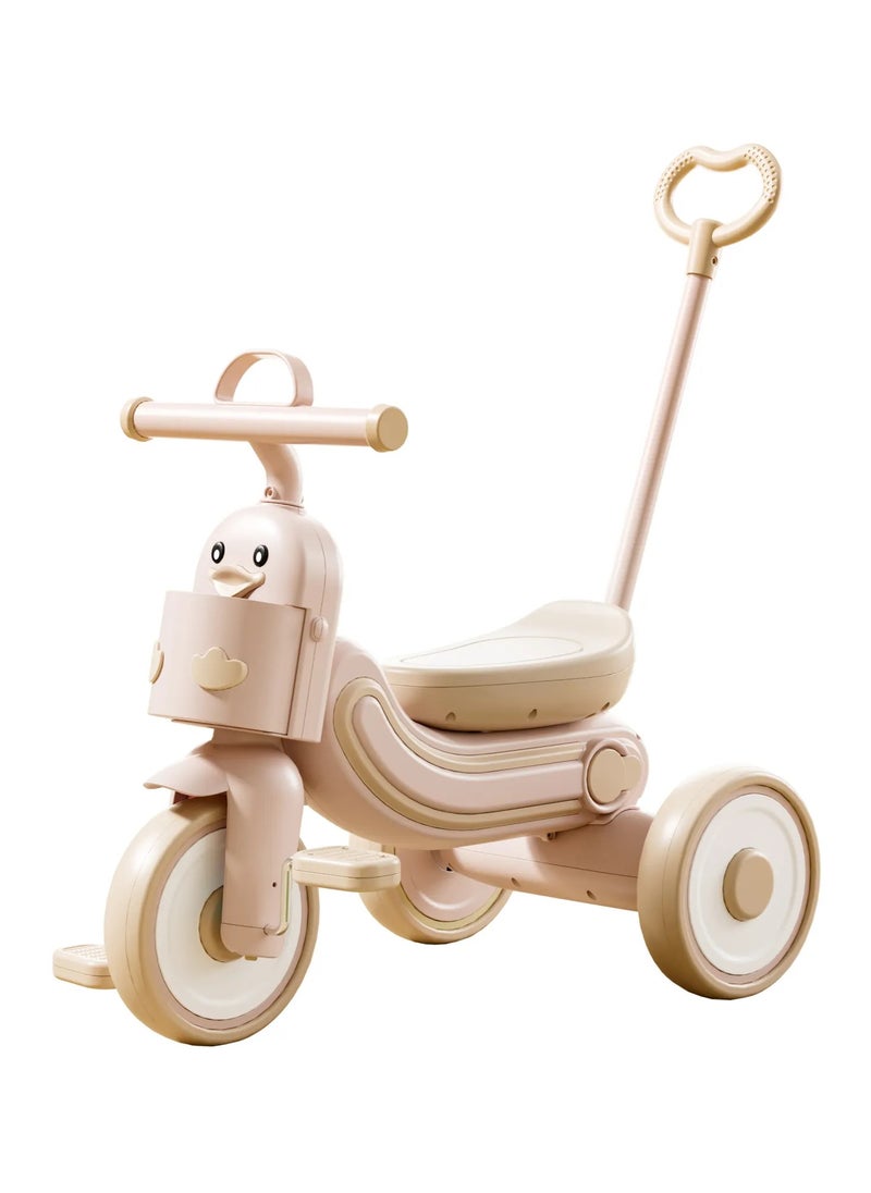 Kids Tricycle,Little Duck Head,Pedal Car Multi-Functional Light and Music with Parental Adjustable Push Handle, Beige/Pink.