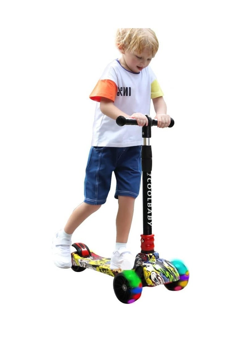 Coolbaby Kids Scooter 3 Wheels Mini Adjustable Foot Scooter Height Adjustable PU with LED Light Wheels Suitable for Children 3 to 12 Years Old