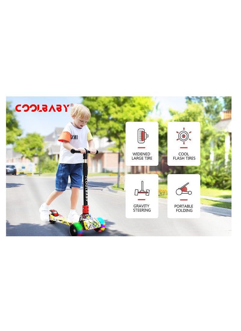 Coolbaby Kids Scooter 3 Wheels Mini Adjustable Foot Scooter Height Adjustable PU with LED Light Wheels Suitable for Children 3 to 12 Years Old