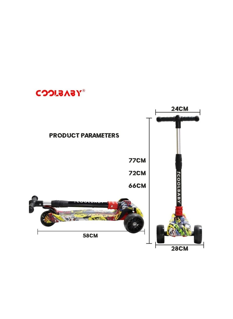 Coolbaby Kids Scooter 3 Wheels Mini Adjustable Foot Scooter Height Adjustable PU with LED Light Wheels Suitable for Children 3 to 12 Years Old