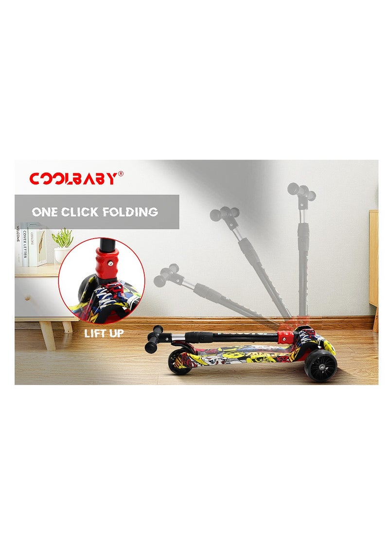 Coolbaby Kids Scooter 3 Wheels Mini Adjustable Foot Scooter Height Adjustable PU with LED Light Wheels Suitable for Children 3 to 12 Years Old