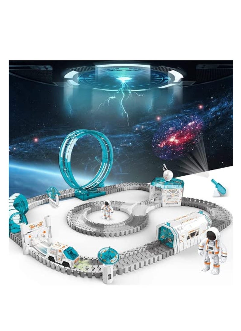 Space Toys for Kids, Train Set for Kids, Space Theme Track Car, 204PCS Train Toys for Boys Girls 6-8 with 1 Mini Star Projector, 1 Light Up Car and 2 Astronaut Dolls, Flexible Race Track Birthday Gift