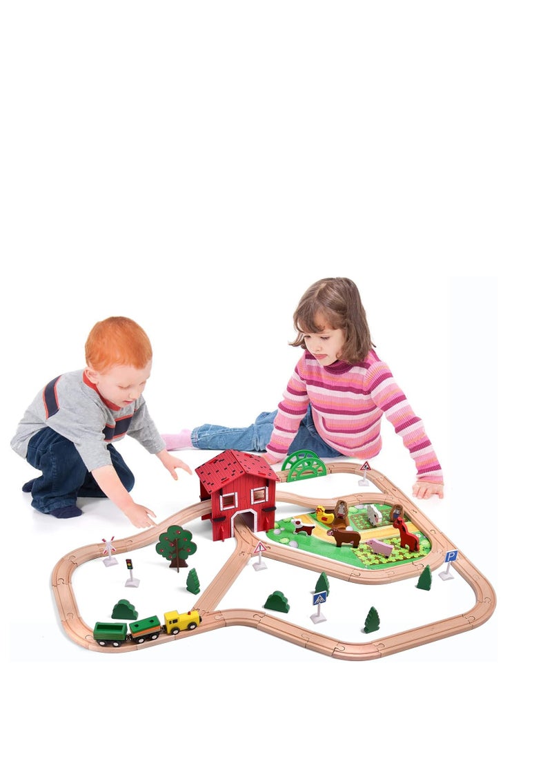 77Pcs Wooden Train Set, Wood Train Tracks & Trains Toys, Wooden Farm Play Set for Kids Wooden Toys, Wood Train Track with Farm Toys, Multiple Features, Railway Set Toys for Kids