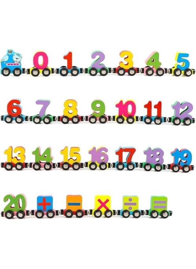 27 PCS Wooden Alphabet Train Toy Wooden Magnetic Alphabet ABC Train Set Includes 1 Engine Letter Cars for Toddlers Boys and Girls, Compatible with Major Brands Train Set Tracks (0-20 Number Train)