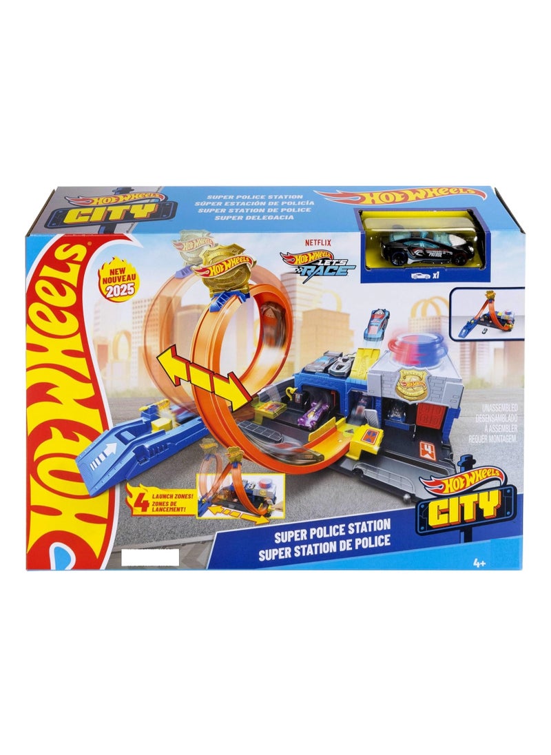 ​Hotwheels Toy Car Track Set, Super Police Station Playset With 1:64 Scale Die-Cast Vehicle, Adjustable Loop For Multiple Ways To Race And Stunt