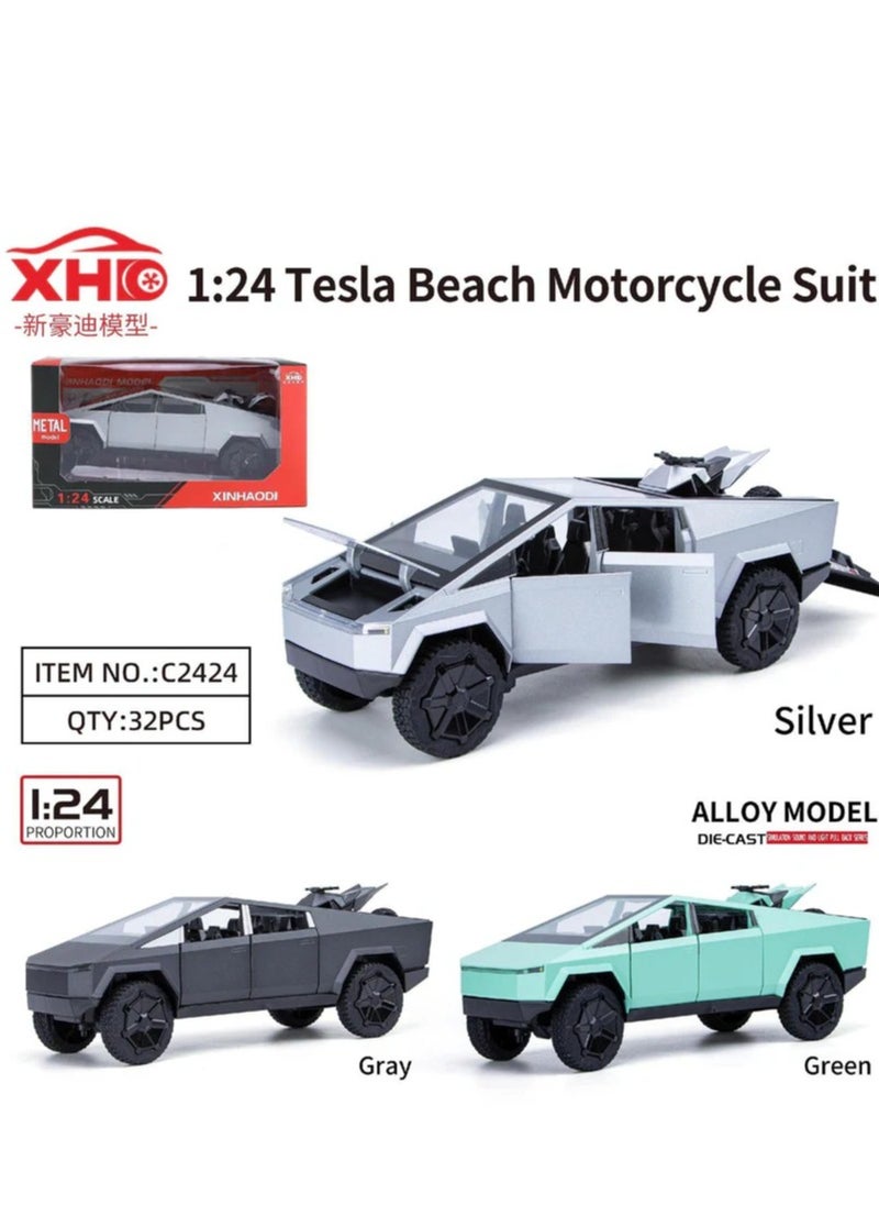 1:24 Tesla Beach Motorcycle Suit Motorhome Touring Car Model Sound Light Kids Gifts