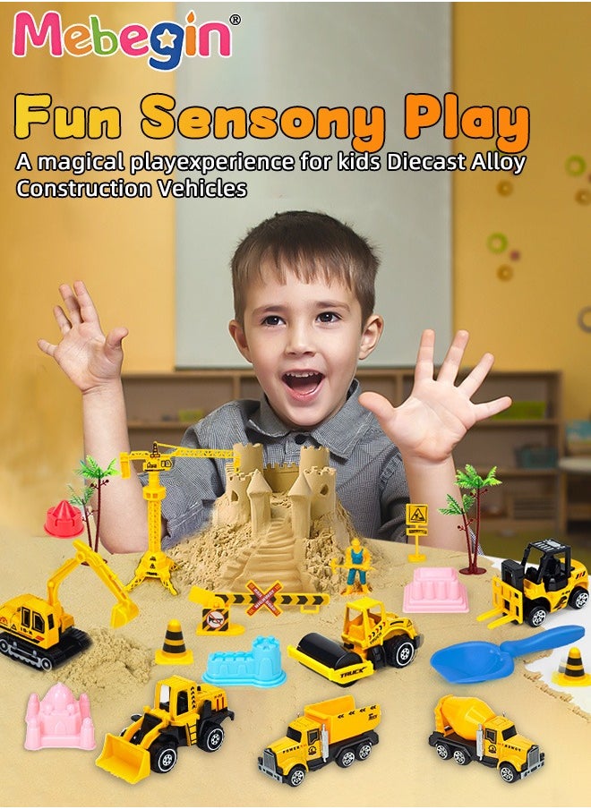 Construction Sand Playset with Storage Box, Beach Sand Toys Kit with 2.2lbs Magic Sand, 6PCS Diecast Construction Trucks Toys, 12 Molds and Play Sand Tools, Creative Fun Sensory Toys, Suitable for Family Activities, Beach and Indoor Activities, Easy to Clean and Storage