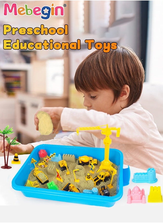 Construction Sand Playset with Storage Box, Beach Sand Toys Kit with 2.2lbs Magic Sand, 6PCS Diecast Construction Trucks Toys, 12 Molds and Play Sand Tools, Creative Fun Sensory Toys, Suitable for Family Activities, Beach and Indoor Activities, Easy to Clean and Storage