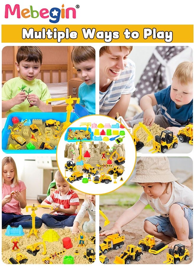 Construction Sand Playset with Storage Box, Beach Sand Toys Kit with 2.2lbs Magic Sand, 6PCS Diecast Construction Trucks Toys, 12 Molds and Play Sand Tools, Creative Fun Sensory Toys, Suitable for Family Activities, Beach and Indoor Activities, Easy to Clean and Storage