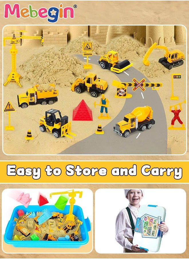 Construction Sand Playset with Storage Box, Beach Sand Toys Kit with 2.2lbs Magic Sand, 6PCS Diecast Construction Trucks Toys, 12 Molds and Play Sand Tools, Creative Fun Sensory Toys, Suitable for Family Activities, Beach and Indoor Activities, Easy to Clean and Storage