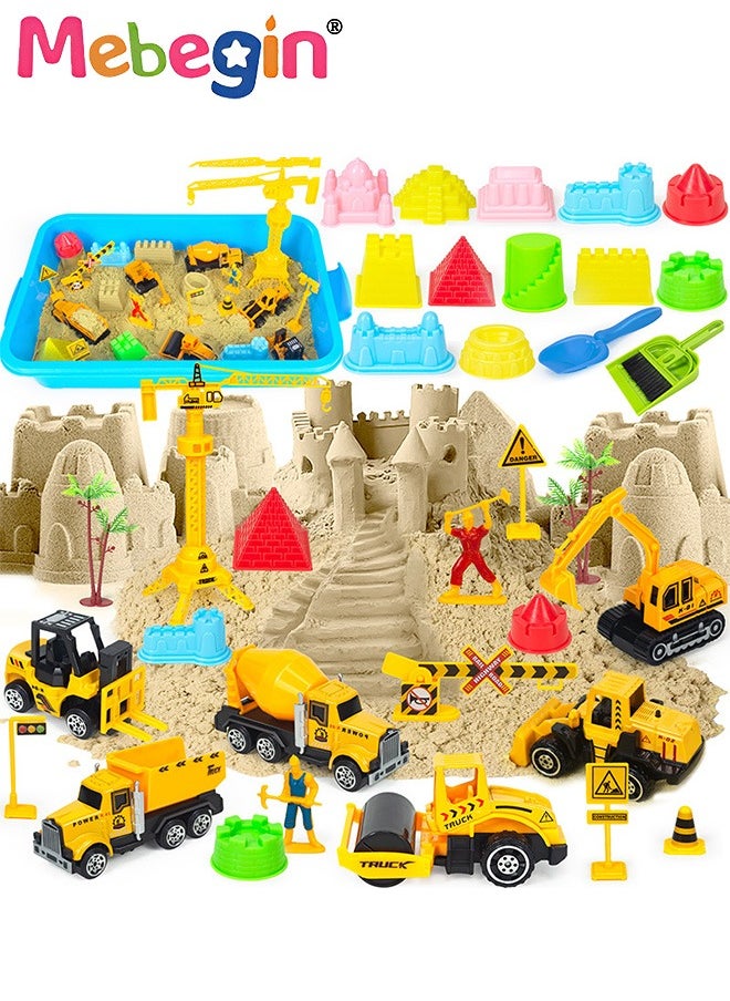 Construction Sand Playset with Storage Box, Beach Sand Toys Kit with 2.2lbs Magic Sand, 6PCS Diecast Construction Trucks Toys, 12 Molds and Play Sand Tools, Creative Fun Sensory Toys, Suitable for Family Activities, Beach and Indoor Activities, Easy to Clean and Storage