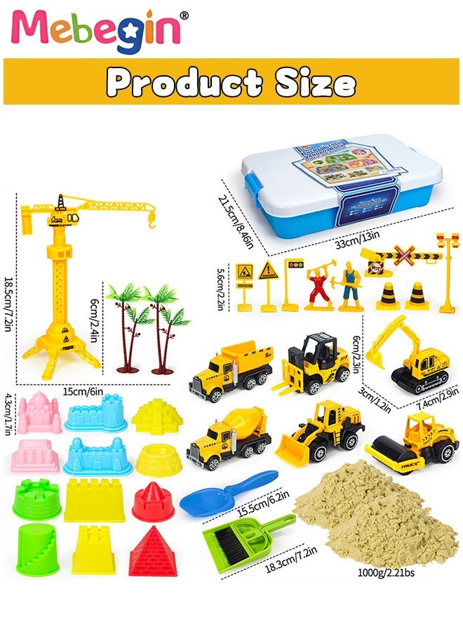 Construction Sand Playset with Storage Box, Beach Sand Toys Kit with 2.2lbs Magic Sand, 6PCS Diecast Construction Trucks Toys, 12 Molds and Play Sand Tools, Creative Fun Sensory Toys, Suitable for Family Activities, Beach and Indoor Activities, Easy to Clean and Storage