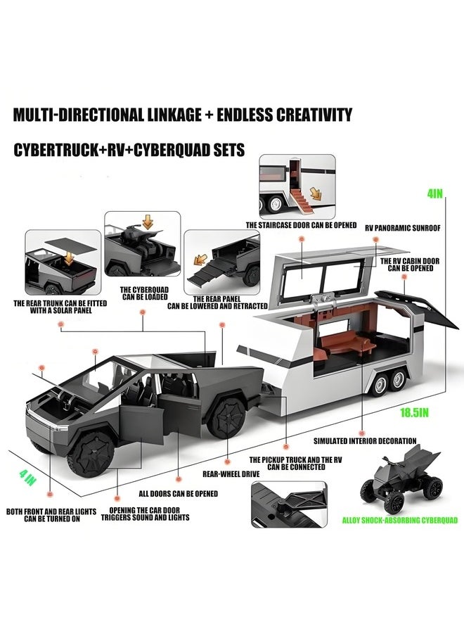 Cybertruck Toy Trucks Cyber Truck Toy Trucks with RV Motorcycle Cybertquad Alloy Die-cast Model Car Pickup Truck 1/16 Race Cars with Sound and Light Ideal Gift for Kids Age for 6 Year and Up