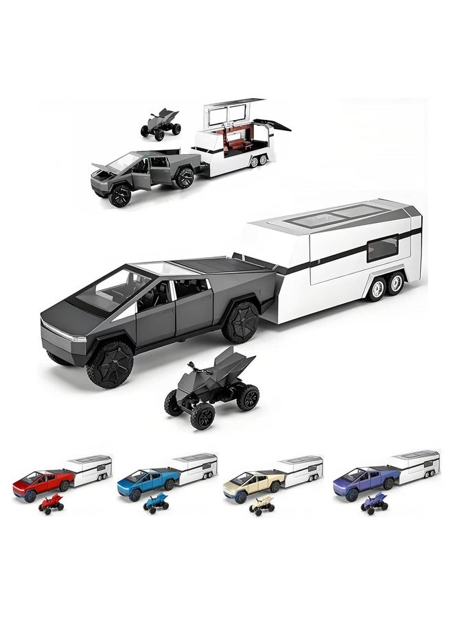 Cybertruck Toy Trucks Cyber Truck Toy Trucks with RV Motorcycle Cybertquad Alloy Die-cast Model Car Pickup Truck 1/16 Race Cars with Sound and Light Ideal Gift for Kids Age for 6 Year and Up