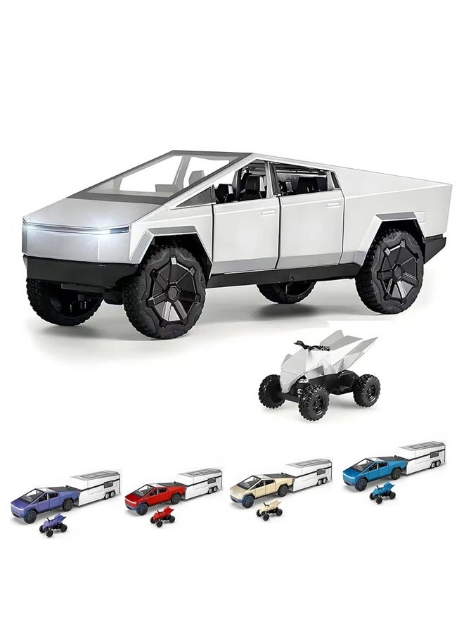 Cybertruck Toy Trucks Cyber Truck Toy Trucks with RV Motorcycle Cybertquad Alloy Die-cast Model Car Pickup Truck 1/16 Race Cars with Sound and Light Ideal Gift for Kids Age for 6 Year and Up