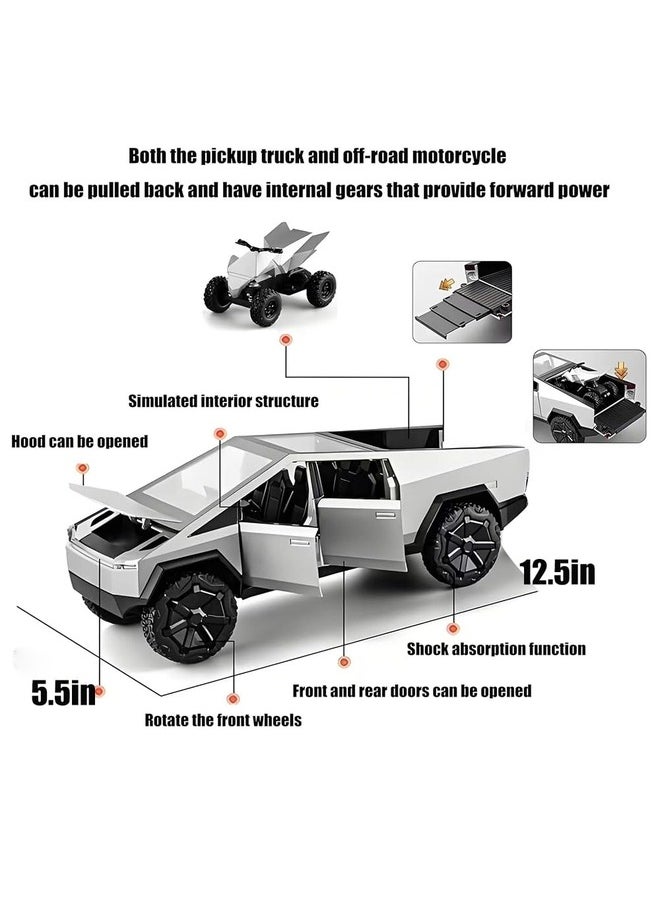 Cybertruck Toy Trucks Cyber Truck Toy Trucks with RV Motorcycle Cybertquad Alloy Die-cast Model Car Pickup Truck 1/16 Race Cars with Sound and Light Ideal Gift for Kids Age for 6 Year and Up