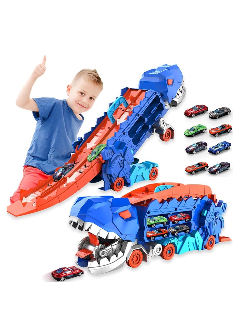 City Dinosaur Ultimate Hauler Track Toy, Transforms into Stomping Dinosaur with Race Track Ultimate Transporter Hauler Toddler Toys Gifts for Kids Ages 3 4 5 6 Years Old(4 Cars)