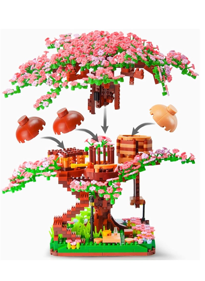 Mini Cherry Blossom Treehouse Bonsai Tree Building Blocks Set, Sakura Botanical Collection Building Set for Adults, 14+ Teens, Home Decor Accessories, 2008 Pcs