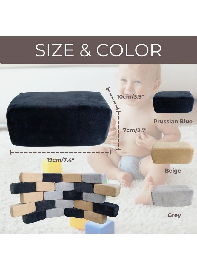 Plush Foam Blocks - Nursery Building & Stacking Toys For Toddlers Boys & Girls, Soft Smooth Velvet Cover, Early Education Gross Motor Skills & Brain Development (24 Bricks, Castle Rock)