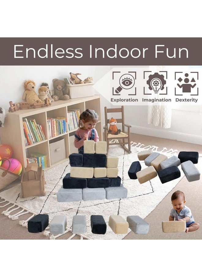Plush Foam Blocks - Nursery Building & Stacking Toys For Toddlers Boys & Girls, Soft Smooth Velvet Cover, Early Education Gross Motor Skills & Brain Development (24 Bricks, Castle Rock)
