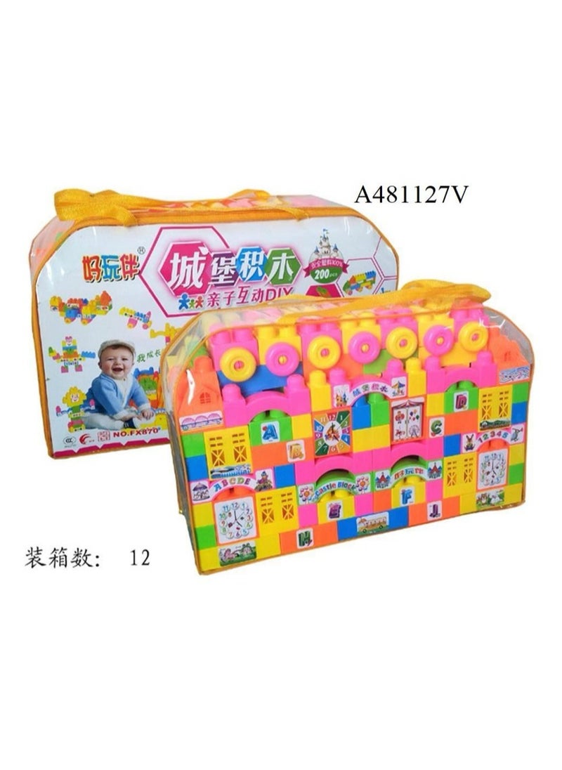 Colorful DIY Castle Building Blocks Set for Kids – 200+ Pieces, Educational and Interactive Toy for Creative Play, Alphabet, Numbers, and Clock Learning, Includes Carrying Bag