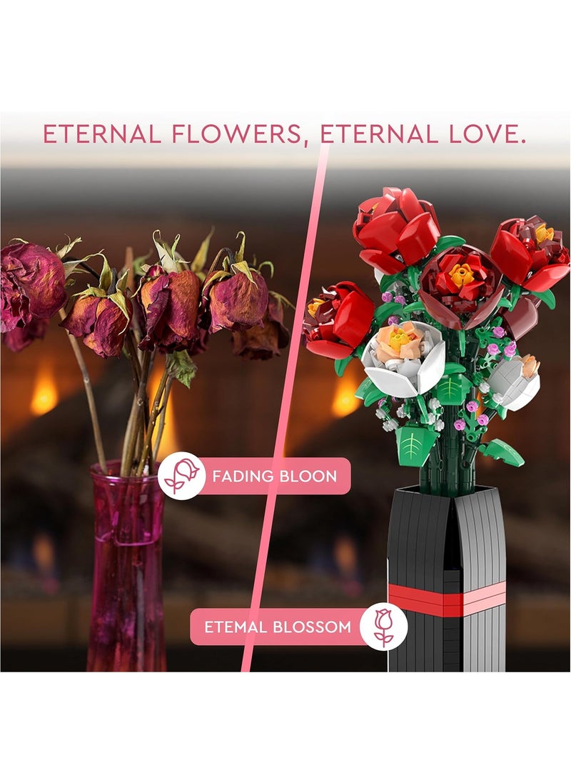 Flowers Bouquet Building Set (818 PCS)-Roses Toy Building Set with Vase, Roses Flower Bouquet Building Kit, Red Roses Artificial Flowers with Vase, Botanical Collection Forever Rose Toy for Adults, Kids,Unique DIY Gifts for Women, Her, Him Anniversaries