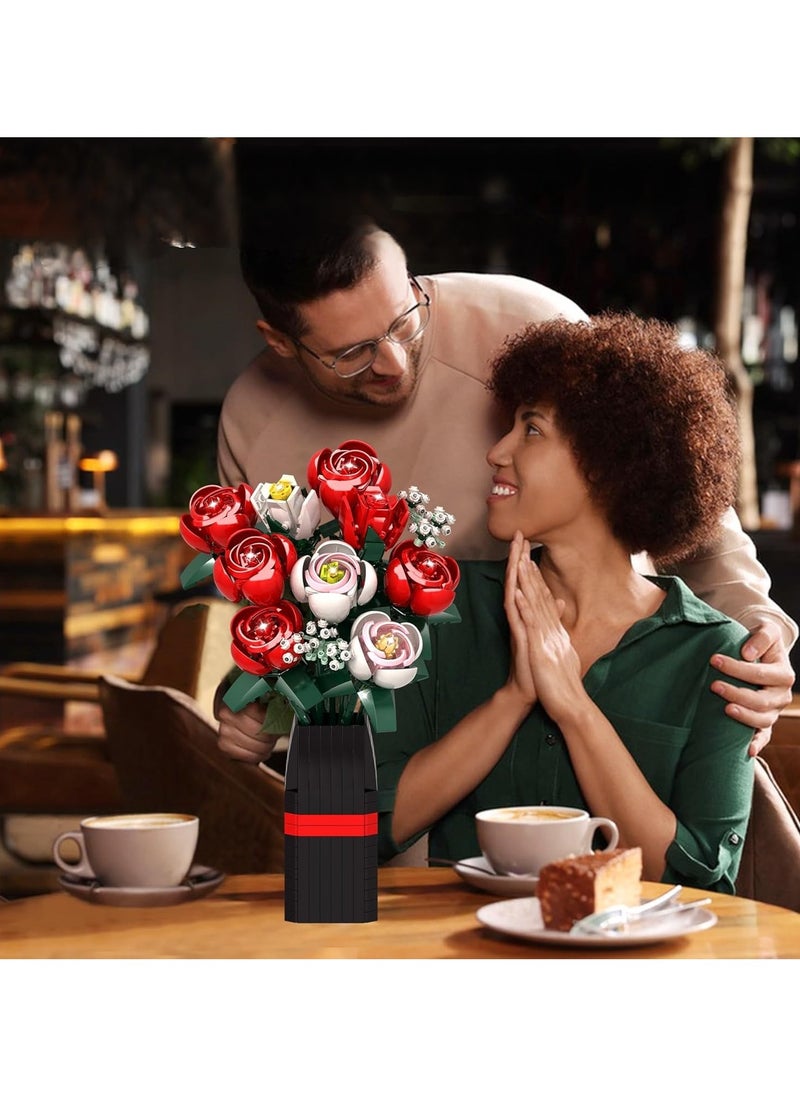 Flowers Bouquet Building Set (818 PCS)-Roses Toy Building Set with Vase, Roses Flower Bouquet Building Kit, Red Roses Artificial Flowers with Vase, Botanical Collection Forever Rose Toy for Adults, Kids,Unique DIY Gifts for Women, Her, Him Anniversaries