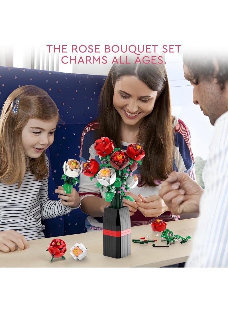 Flowers Bouquet Building Set (818 PCS)-Roses Toy Building Set with Vase, Roses Flower Bouquet Building Kit, Red Roses Artificial Flowers with Vase, Botanical Collection Forever Rose Toy for Adults, Kids,Unique DIY Gifts for Women, Her, Him Anniversaries