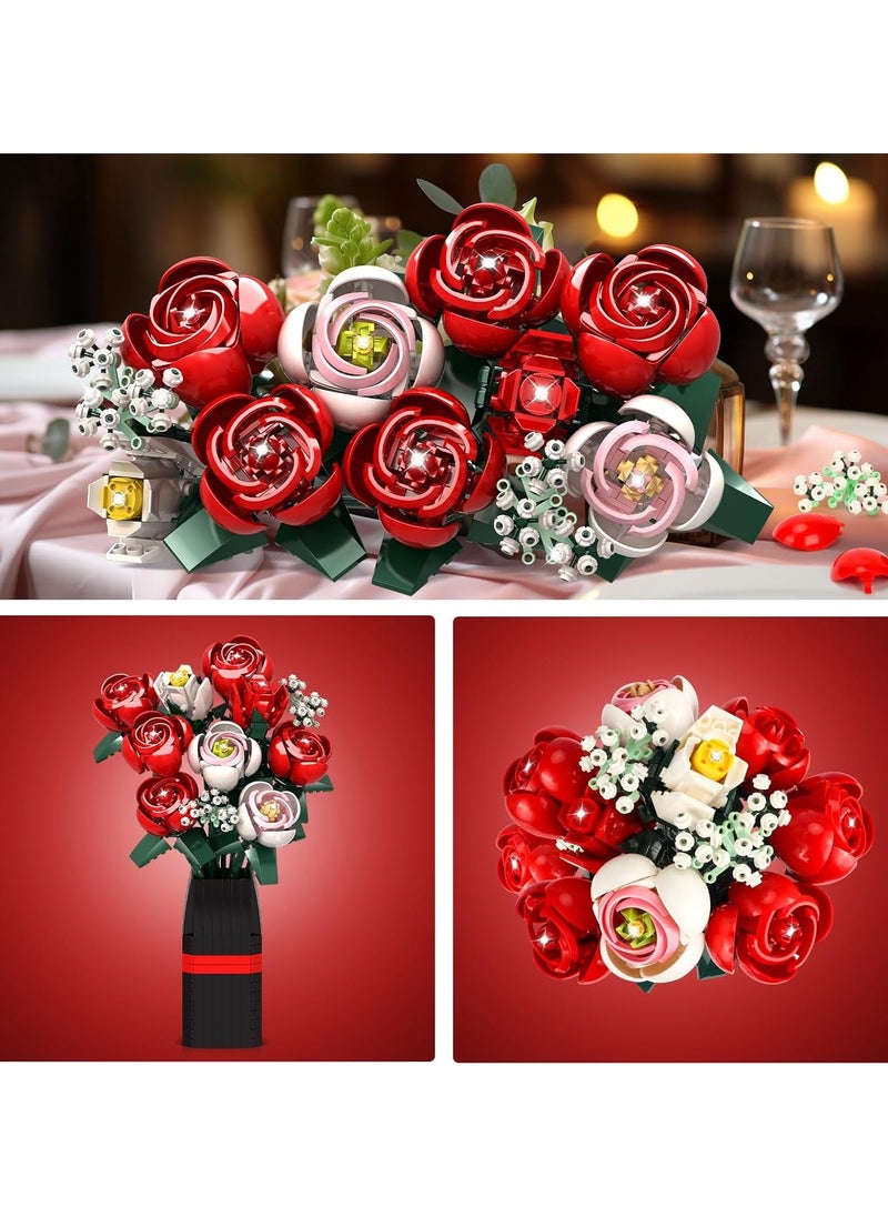 Flowers Bouquet Building Set (818 PCS)-Roses Toy Building Set with Vase, Roses Flower Bouquet Building Kit, Red Roses Artificial Flowers with Vase, Botanical Collection Forever Rose Toy for Adults, Kids,Unique DIY Gifts for Women, Her, Him Anniversaries