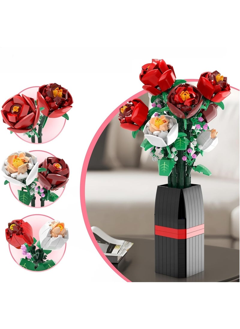 Flowers Bouquet Building Set (818 PCS)-Roses Toy Building Set with Vase, Roses Flower Bouquet Building Kit, Red Roses Artificial Flowers with Vase, Botanical Collection Forever Rose Toy for Adults, Kids,Unique DIY Gifts for Women, Her, Him Anniversaries