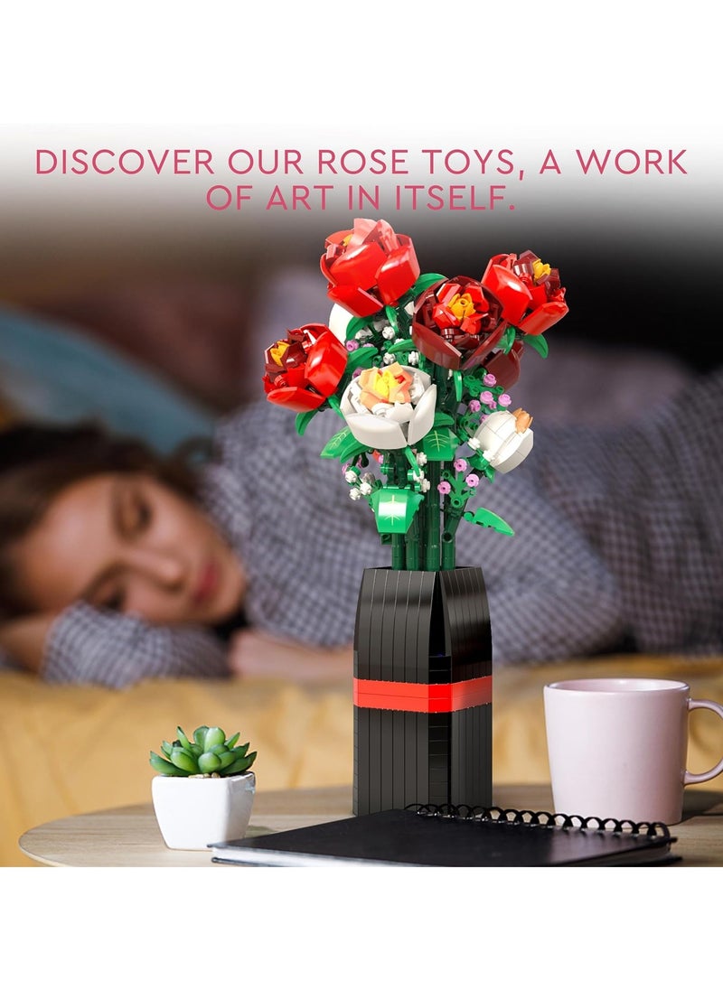 Flowers Bouquet Building Set (818 PCS)-Roses Toy Building Set with Vase, Roses Flower Bouquet Building Kit, Red Roses Artificial Flowers with Vase, Botanical Collection Forever Rose Toy for Adults, Kids,Unique DIY Gifts for Women, Her, Him Anniversaries
