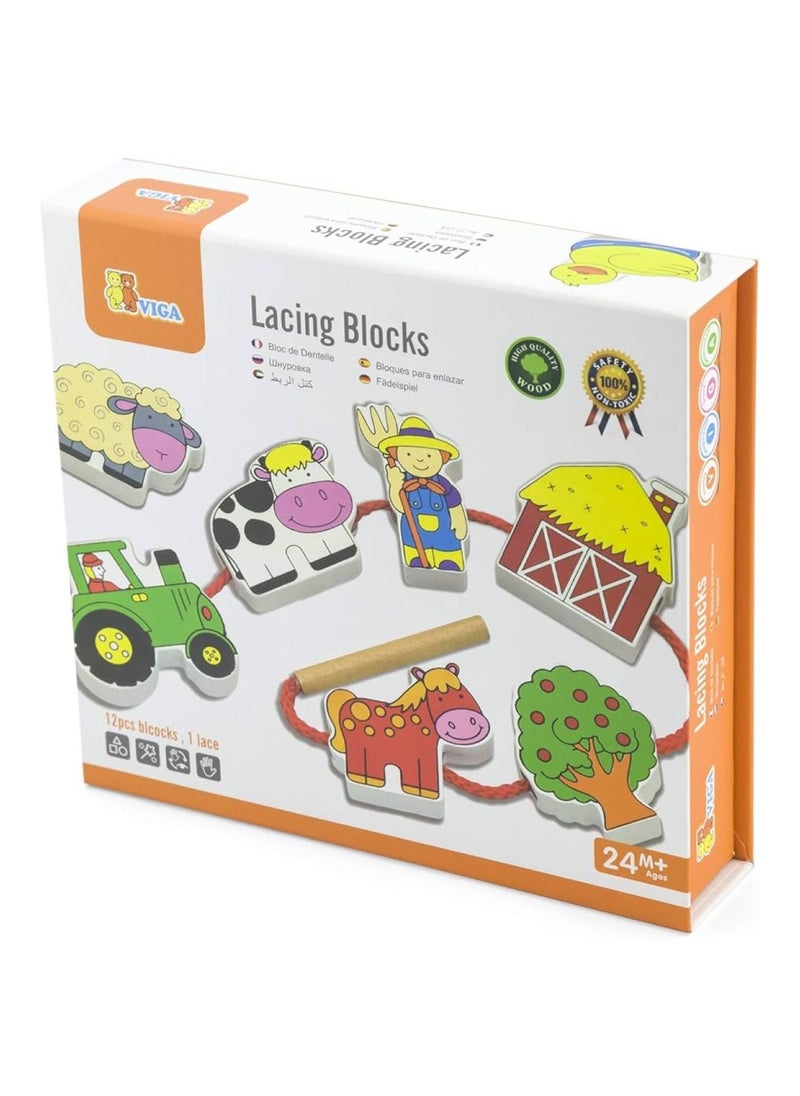 Wooden Lacing Blocks for Toddlers 12-Piece Educational Toy Set Farm-Themed
