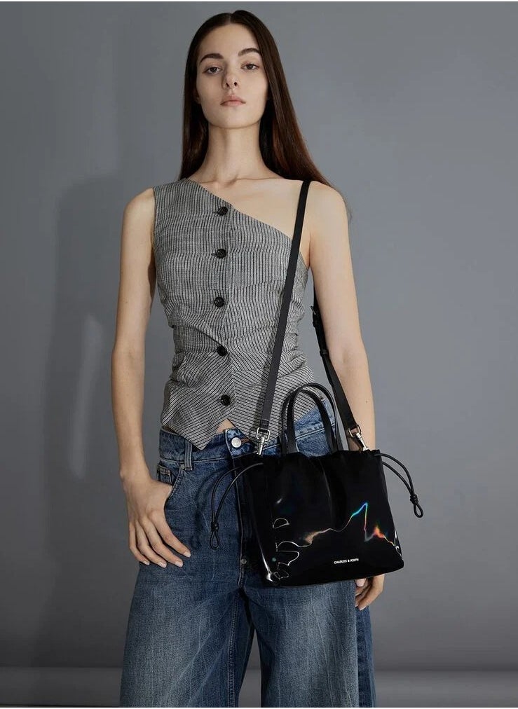 Mini Bethel Shiny Ruched Drawstring Tote Bag & Shoulder Bag & Crossbody Bag - Jet Black