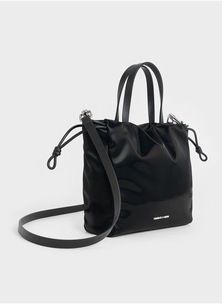 Mini Bethel Shiny Ruched Drawstring Tote Bag & Shoulder Bag & Crossbody Bag - Jet Black