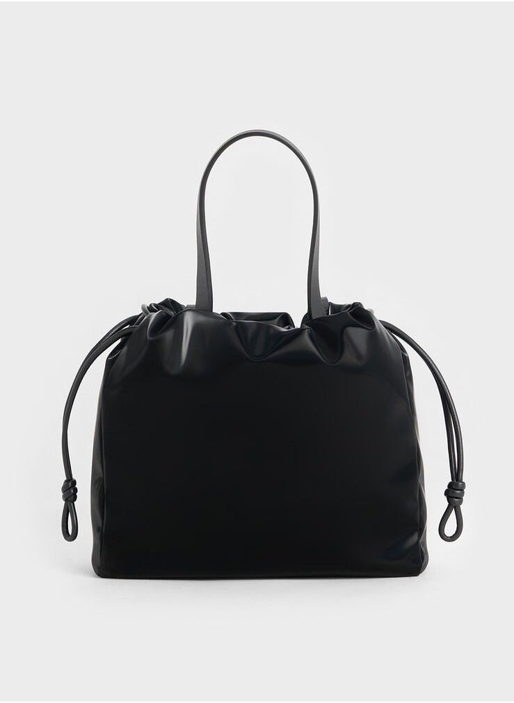 Mini Bethel Shiny Ruched Drawstring Tote Bag & Shoulder Bag & Crossbody Bag - Jet Black