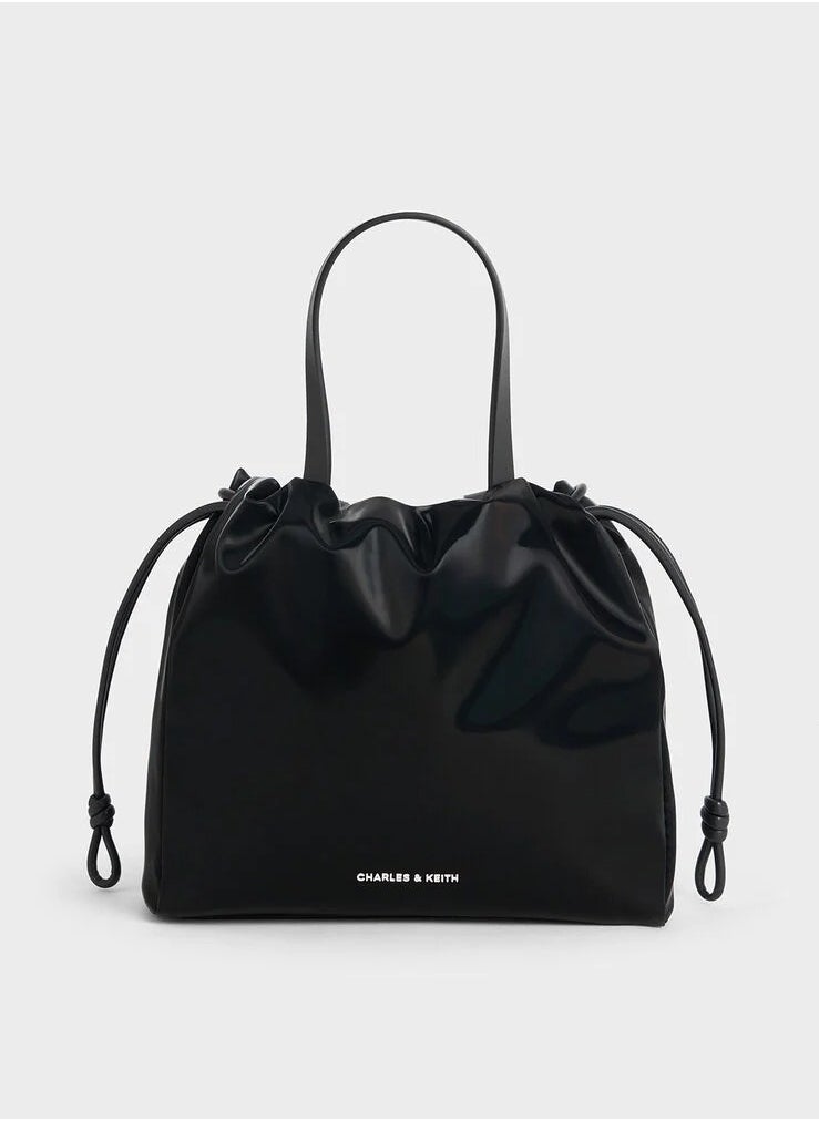 Mini Bethel Shiny Ruched Drawstring Tote Bag & Shoulder Bag & Crossbody Bag - Jet Black