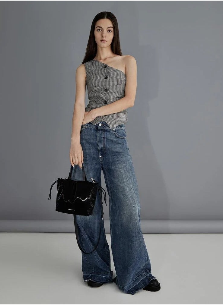 Mini Bethel Shiny Ruched Drawstring Tote Bag & Shoulder Bag & Crossbody Bag - Jet Black