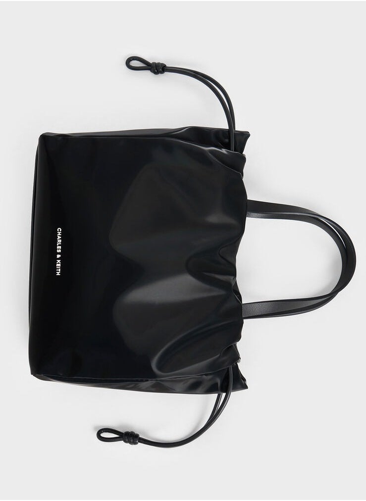 Mini Bethel Shiny Ruched Drawstring Tote Bag & Shoulder Bag & Crossbody Bag - Jet Black