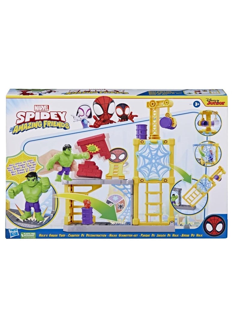 SPIDEY AND HIS AMAZING FRIENDS Spider-Man Marvel Hulk Smash Yard Preschool Toy, Hulk Playset with Toppling Tower Smash Wall, Kids Ages 3 Up