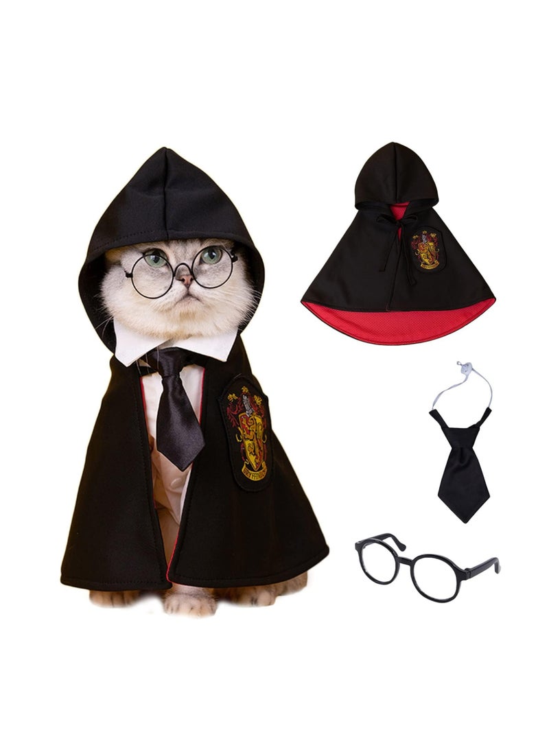 Pet Costume Harry Potter Witchcraft Style, Dog Cat Cute Halloween Costumes Cape Cosplay Costume Set, Wizard Pet Clothes Apparel with Glasses (Medium Size)