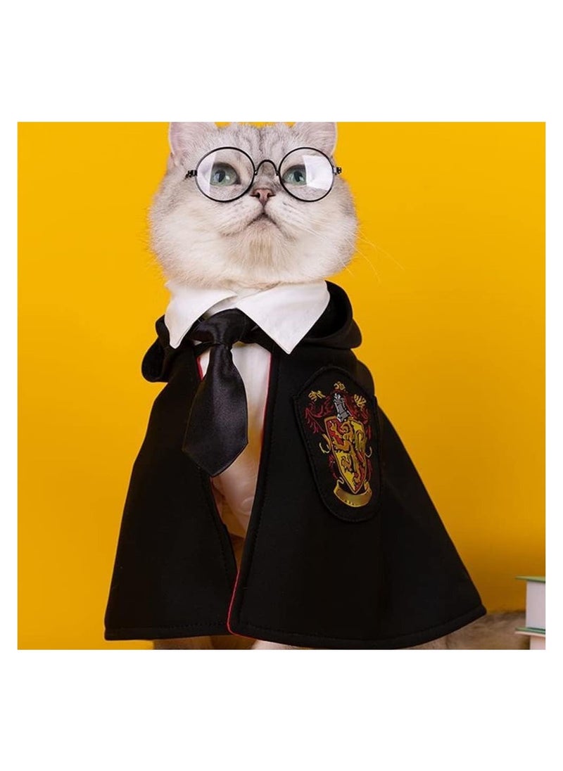 Pet Costume Harry Potter Witchcraft Style, Dog Cat Cute Halloween Costumes Cape Cosplay Costume Set, Wizard Pet Clothes Apparel with Glasses (Medium Size)