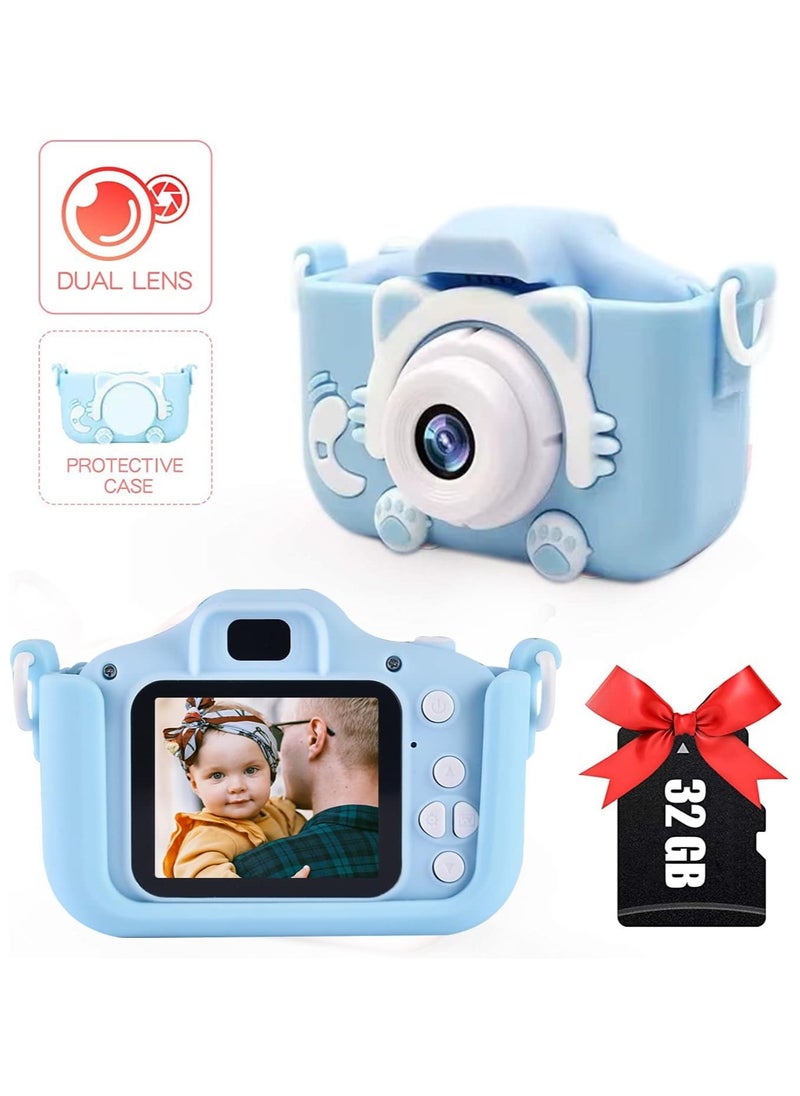 Kids HD Camera for Girls/Boys, 3-9 Year Old Toys for Girls/Boys, Christmas Birthday Gift for Age 6-9 Girls/Boys Kids Digital Dual Camera, Selfie HD Camera for Kids, 32GB Memory Card (BLUE)