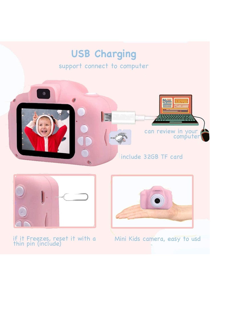 Upgrade Kids Selfie Camera, Christmas Birthday Gifts for Girls Age 3-9, 20MP 1080P HD Digital Video Cameras for Toddler, Portable Toy for 3 4 5 6 7 8 9Year Old Girl with 32GB SD Card-Pink