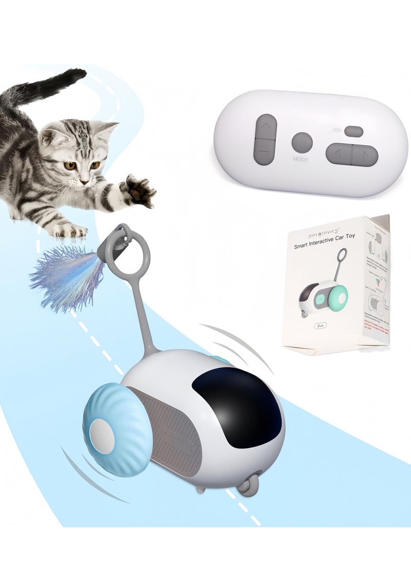 Blue Smart Interactive Cat Toy Car - Smart 360° Rotating Electric Pet Toy with Free Luxe Feather Attachments | Dual Modes (Remote/Automatic), USB Rechargeable, Durable Bite-Resistant Design for Indoor Cats & Kids Long-Lasting Playtime