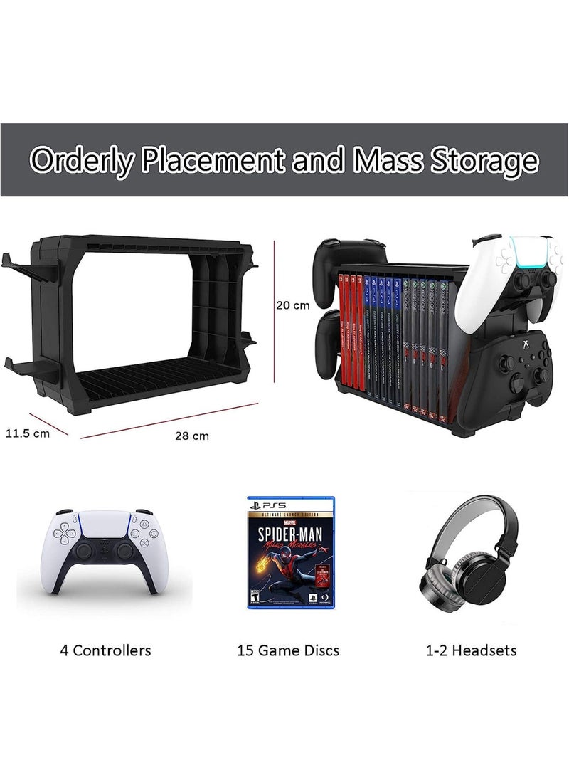 Games Storage Tower for PS5, with Controller Holder Game Holder Organizer for Playstation PS5/ PS4/ Series S & X/one Controllers,Game Discs, Headphones and Accessories