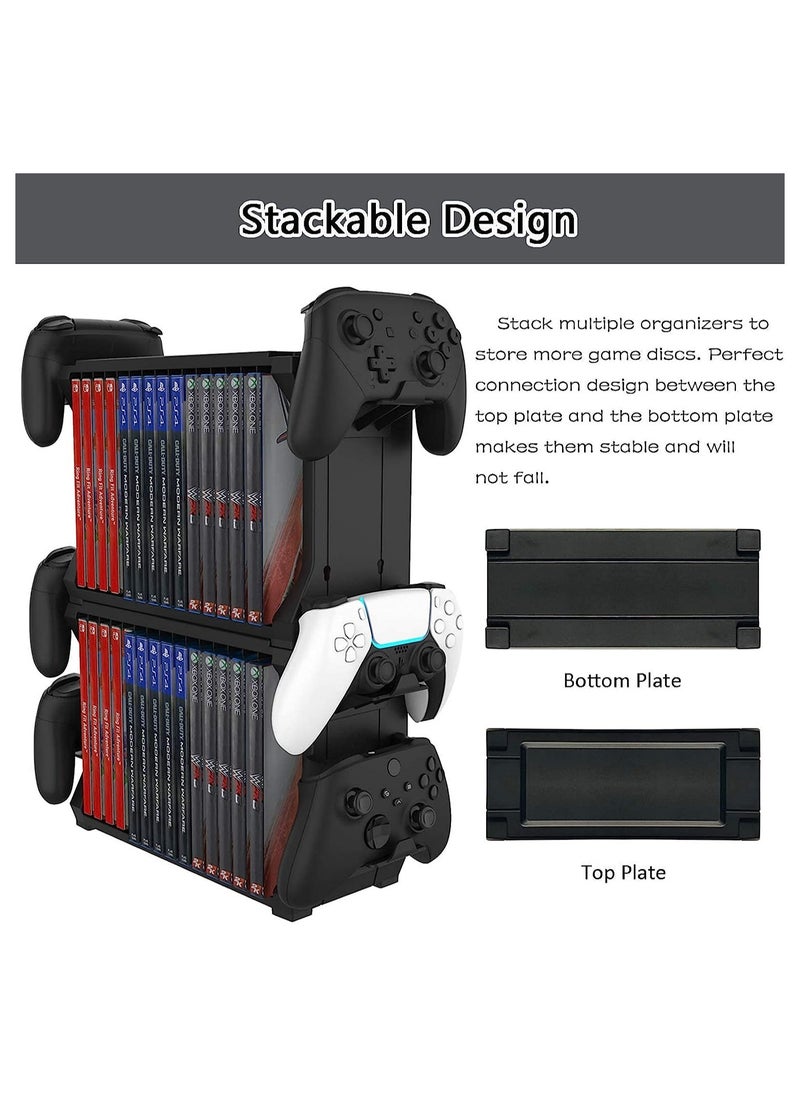 Games Storage Tower for PS5, with Controller Holder Game Holder Organizer for Playstation PS5/ PS4/ Series S & X/one Controllers,Game Discs, Headphones and Accessories