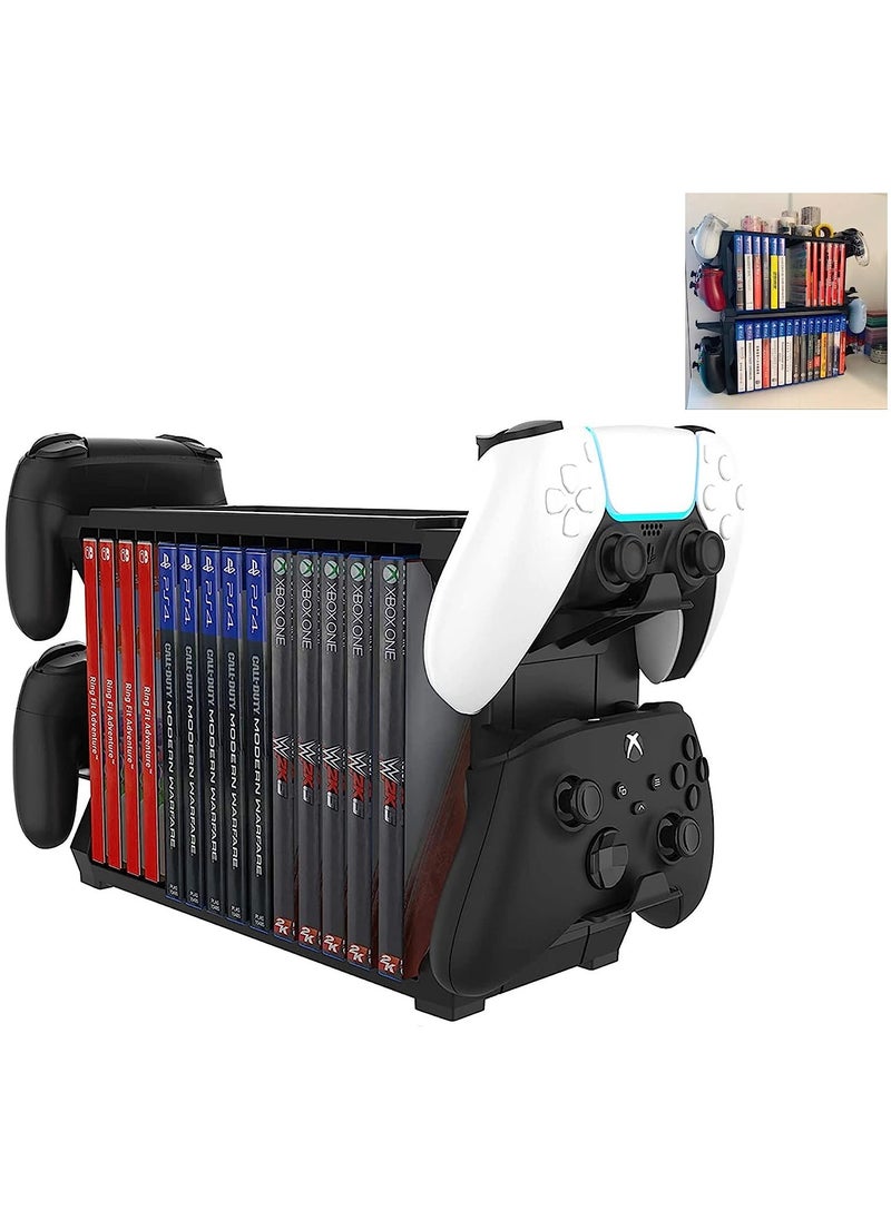 Games Storage Tower for PS5, with Controller Holder Game Holder Organizer for Playstation PS5/ PS4/ Series S & X/one Controllers,Game Discs, Headphones and Accessories