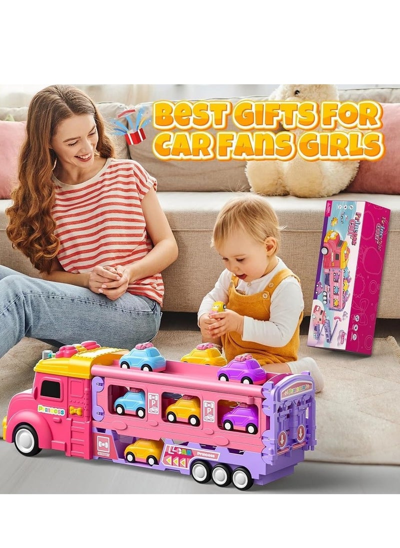 UKR Princess Transformer Transport Truck Toy for Girls Pink Vehicle Set with 6 Mini Cars Foldable Race Track 2 Player Game Light & Sound Push Truck