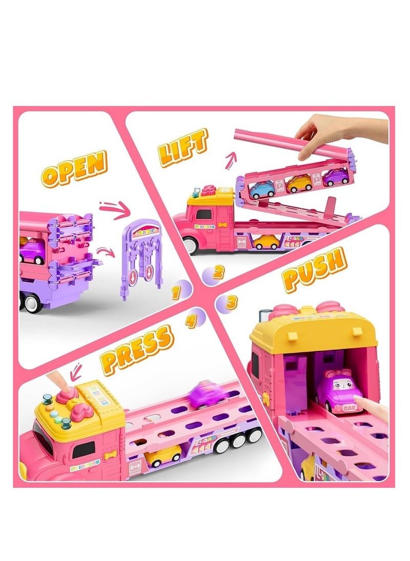 UKR Princess Transformer Transport Truck Toy for Girls Pink Vehicle Set with 6 Mini Cars Foldable Race Track 2 Player Game Light & Sound Push Truck