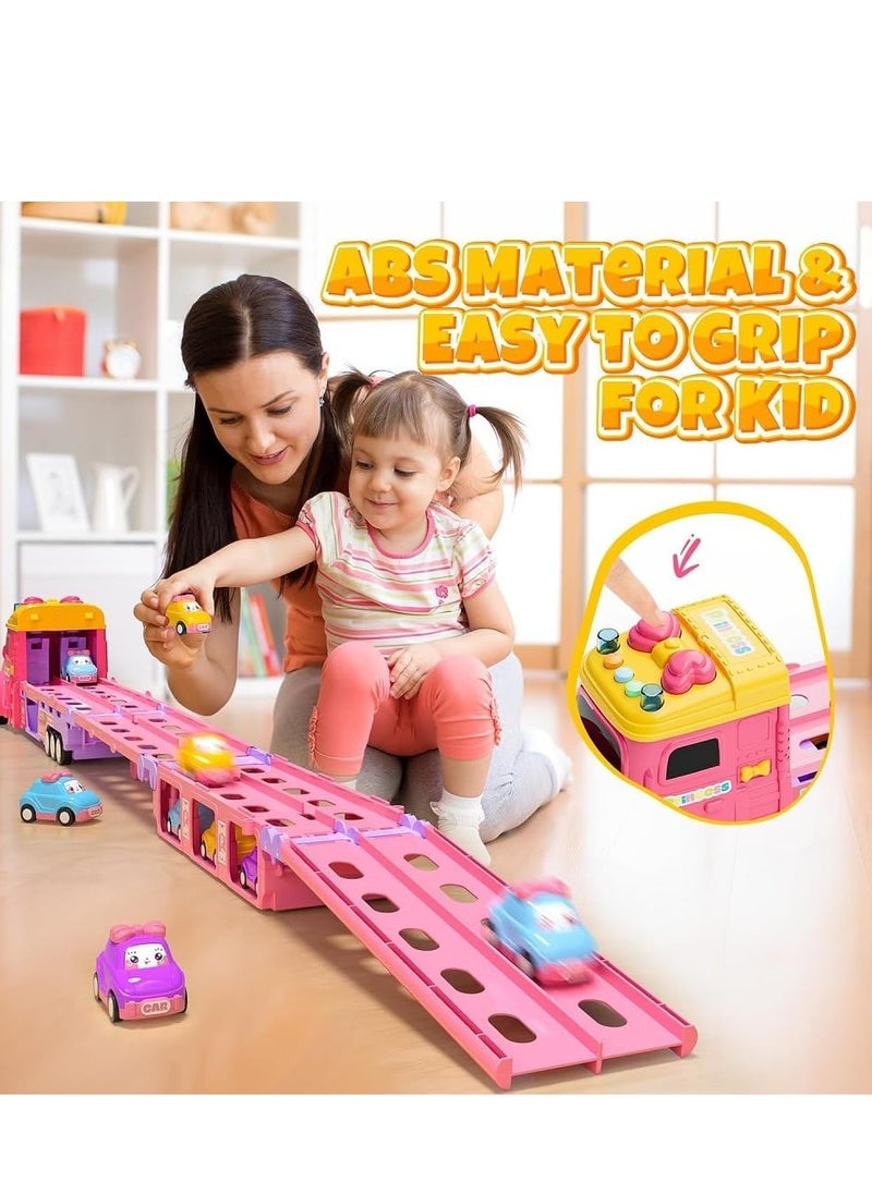 UKR Princess Transformer Transport Truck Toy for Girls Pink Vehicle Set with 6 Mini Cars Foldable Race Track 2 Player Game Light & Sound Push Truck